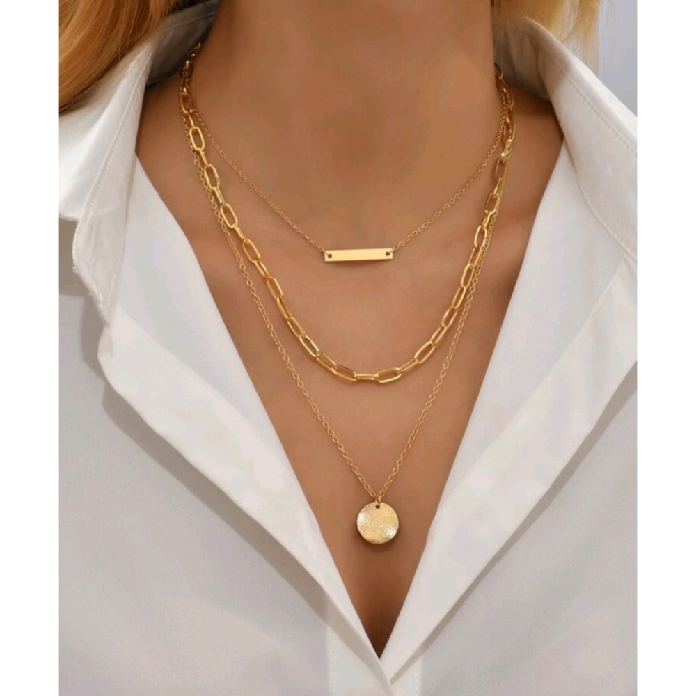 Anthropologie Aria Layered Hammered Charm, Bar & Paperclip Gold Necklace